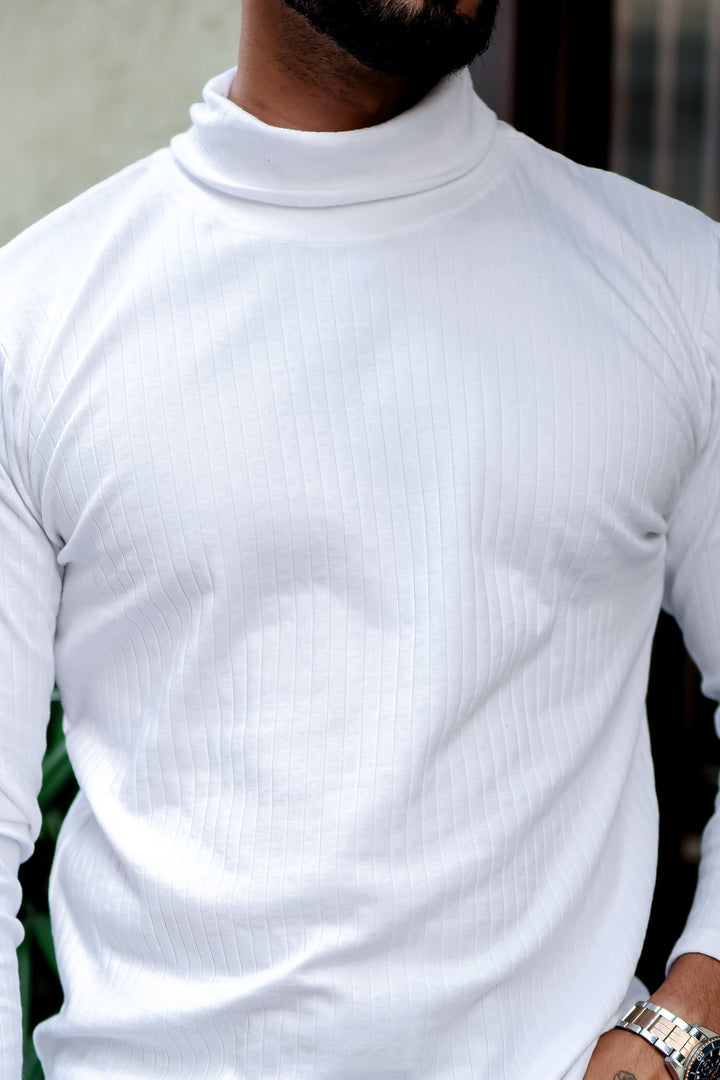 White Self Design High Neck T-Shirt