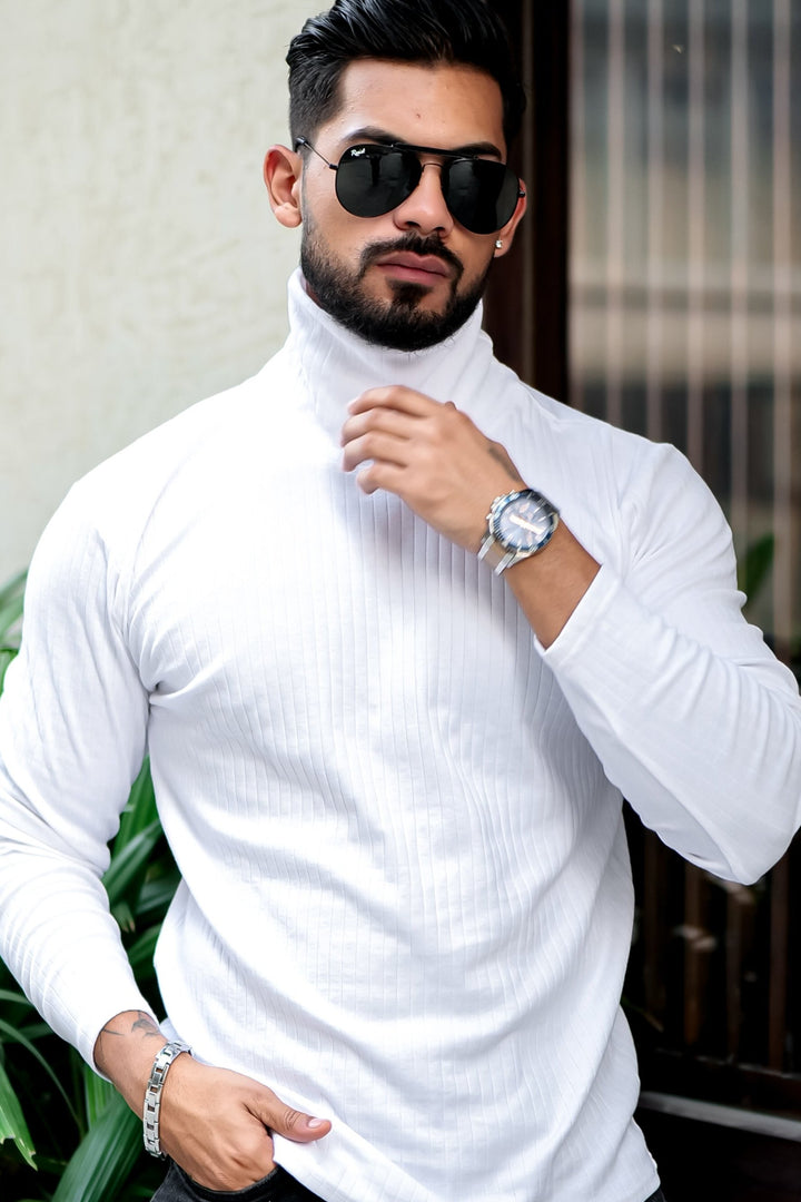 White Self Design High Neck T-Shirt