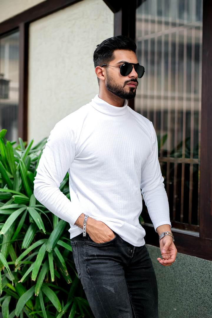 White Self Design High Neck T-Shirt