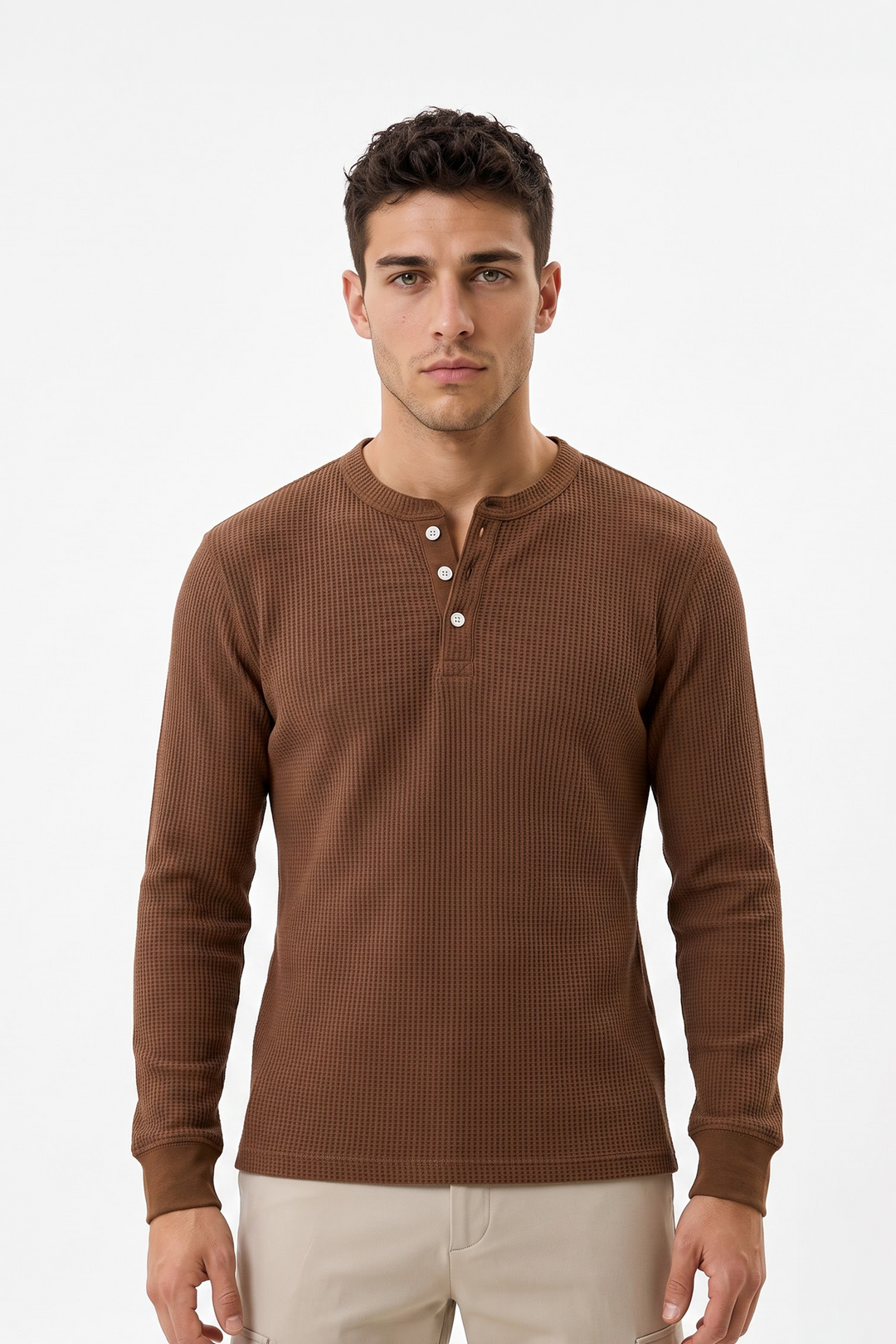 Brown Waffle Knit Full Sleeve Henley T-Shirt | Textured Casual Tshirt