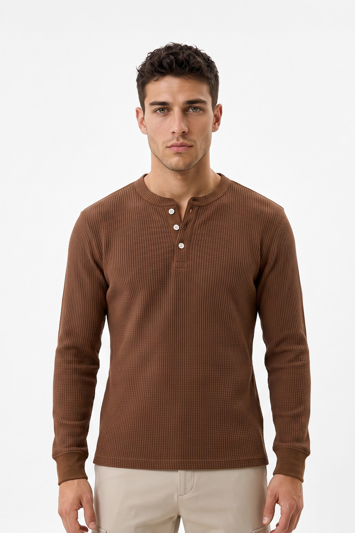 Brown Waffle Knit Full Sleeve Henley T-Shirt | Textured Casual Tshirt