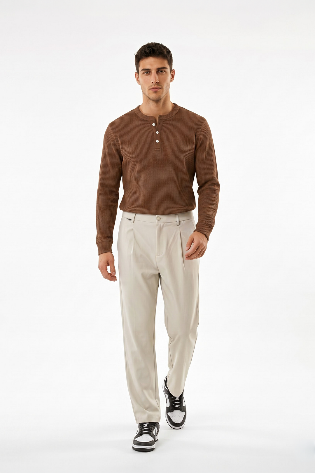 Brown Waffle Knit Full Sleeve Henley T-Shirt | Textured Casual Tshirt