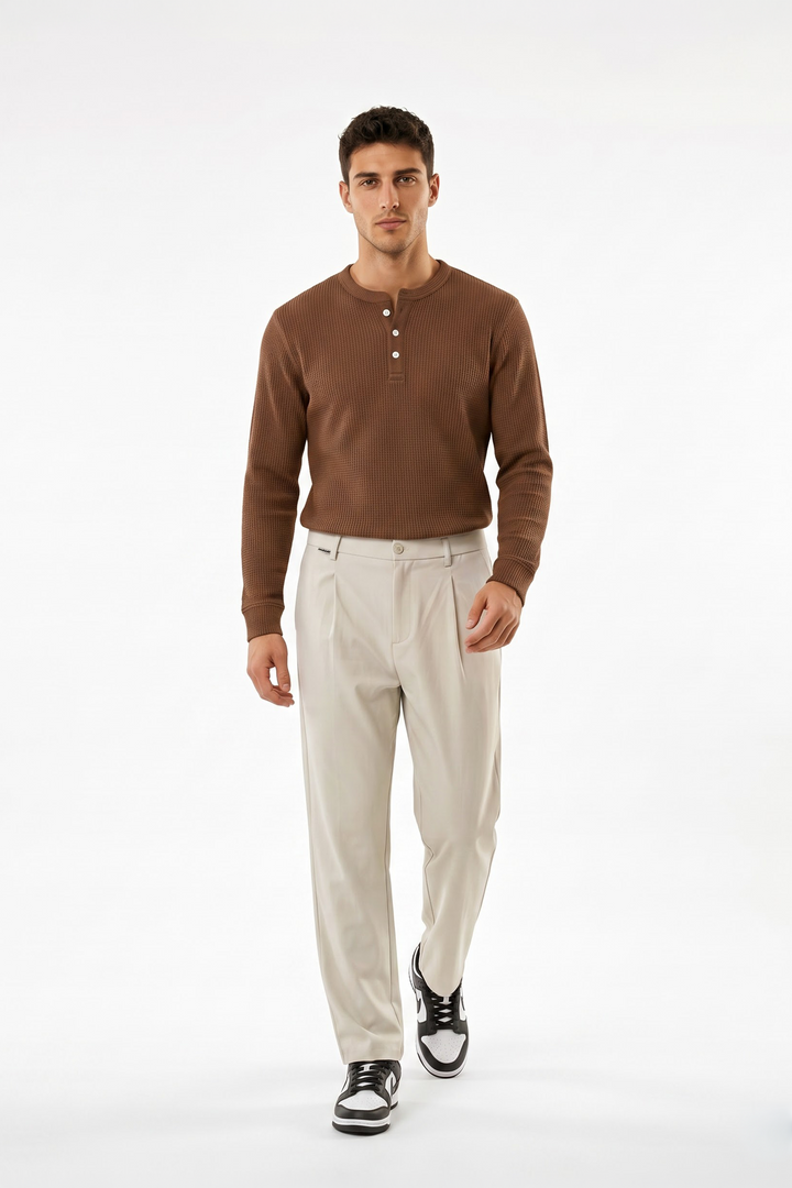 Brown Waffle Knit Full Sleeve Henley T-Shirt | Textured Casual Tshirt