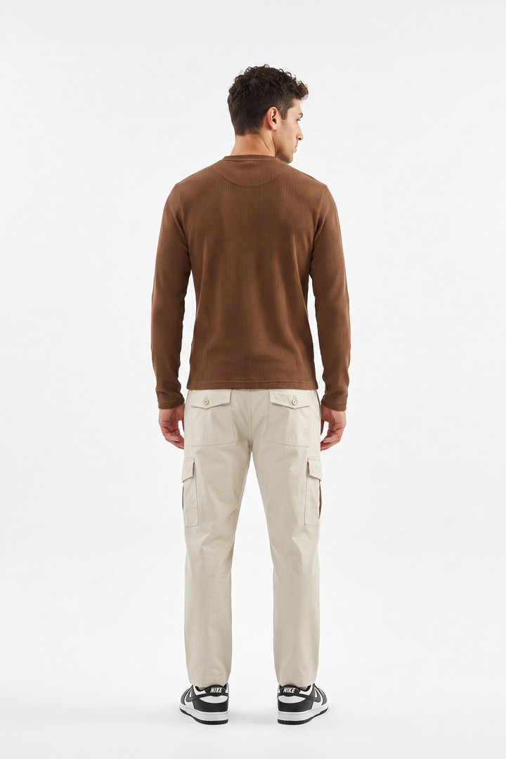 Brown Waffle Knit Full Sleeve Henley T-Shirt | Textured Casual Tshirt