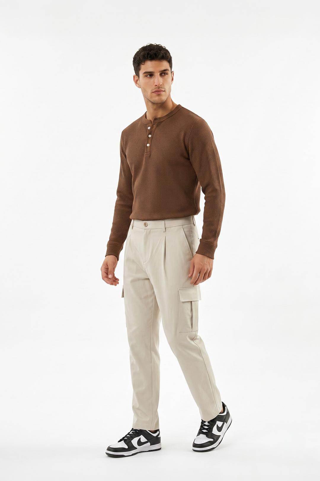 Brown Waffle Knit Full Sleeve Henley T-Shirt | Textured Casual Tshirt