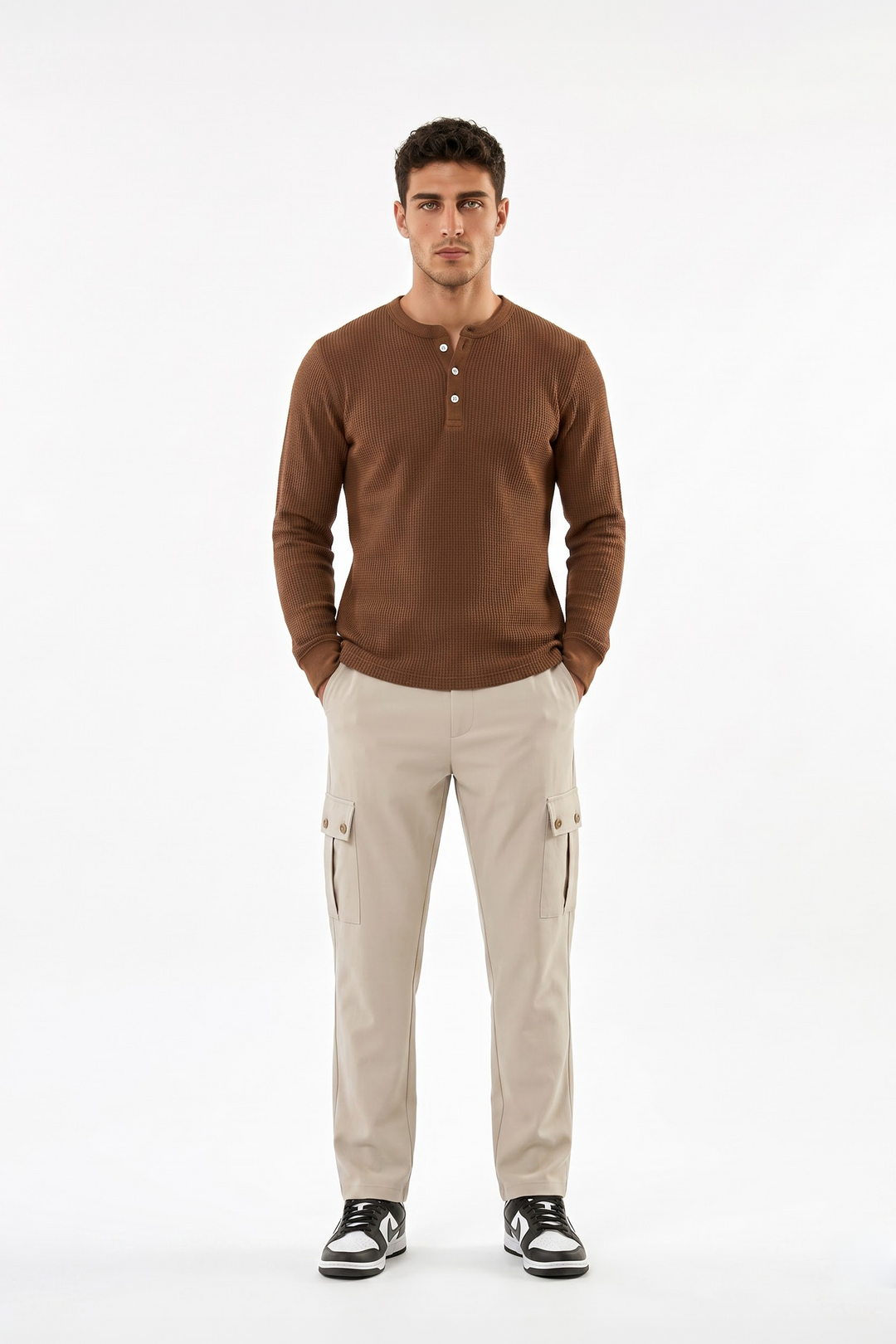 Brown Waffle Knit Full Sleeve Henley T-Shirt | Textured Casual Tshirt