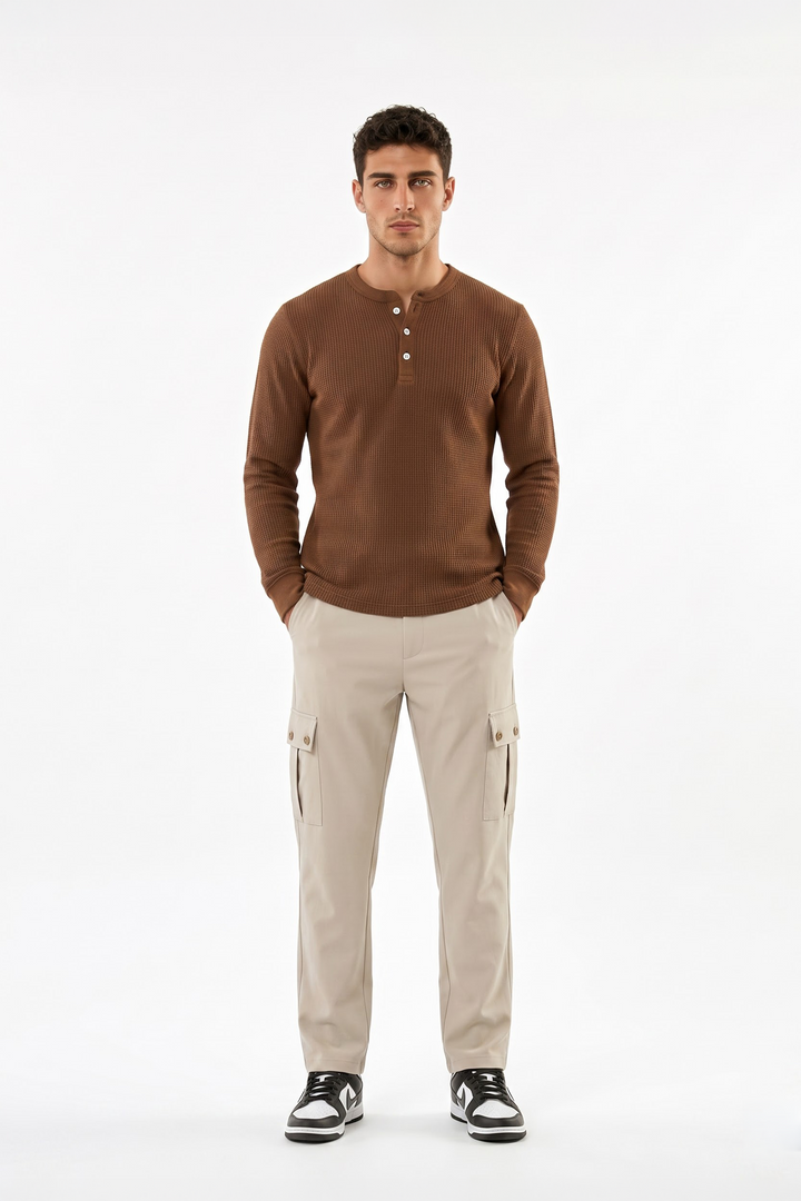 Brown Waffle Knit Full Sleeve Henley T-Shirt | Textured Casual Tshirt