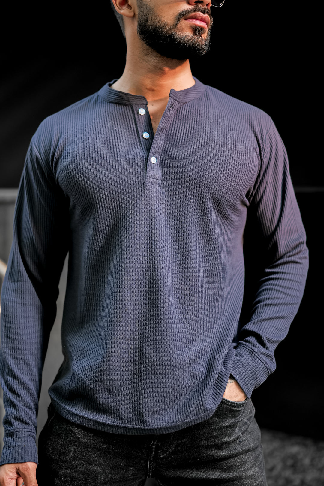 Dark Blue Waffle Henley Neck T-Shirt