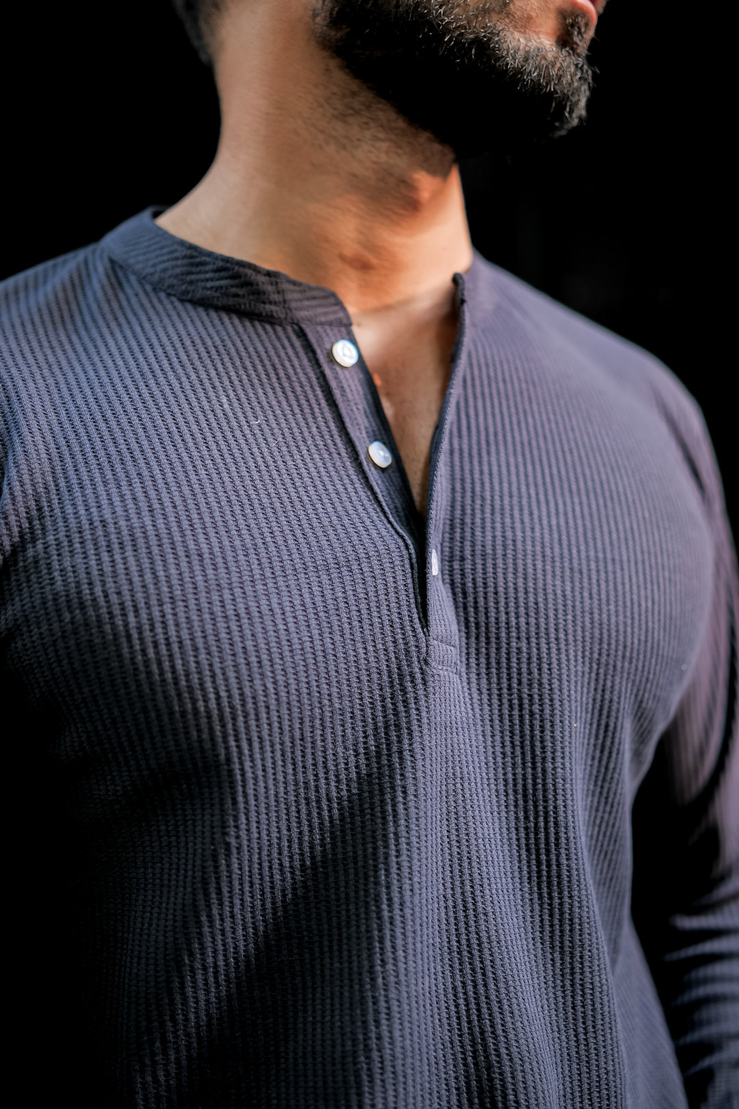Dark Blue Waffle Henley Neck T-Shirt