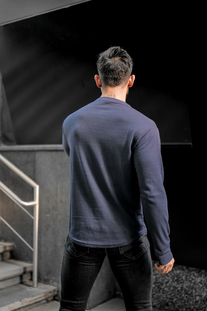 Dark Blue Waffle Henley Neck T-Shirt