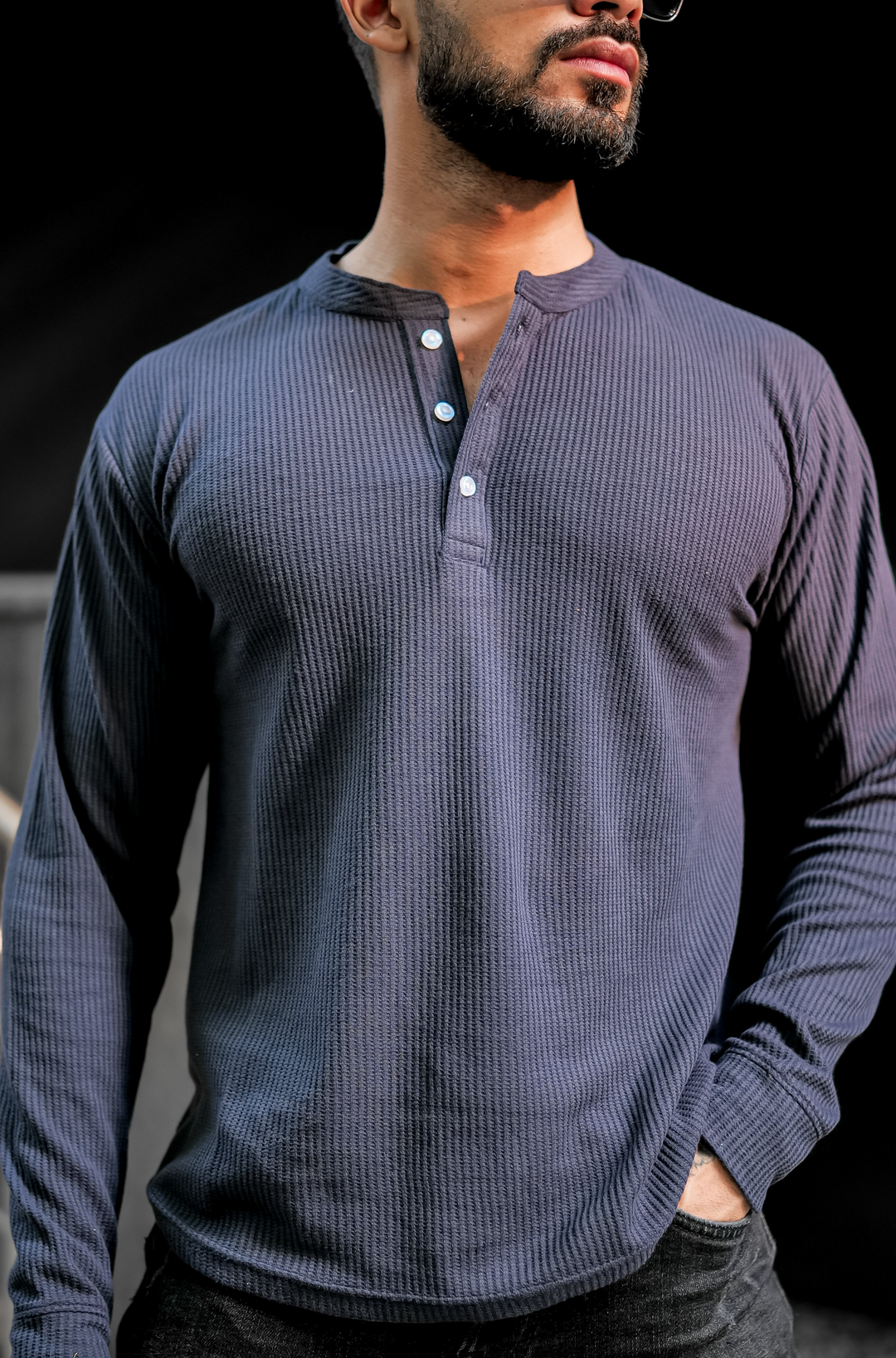 Dark Blue Waffle Henley Neck T-Shirt