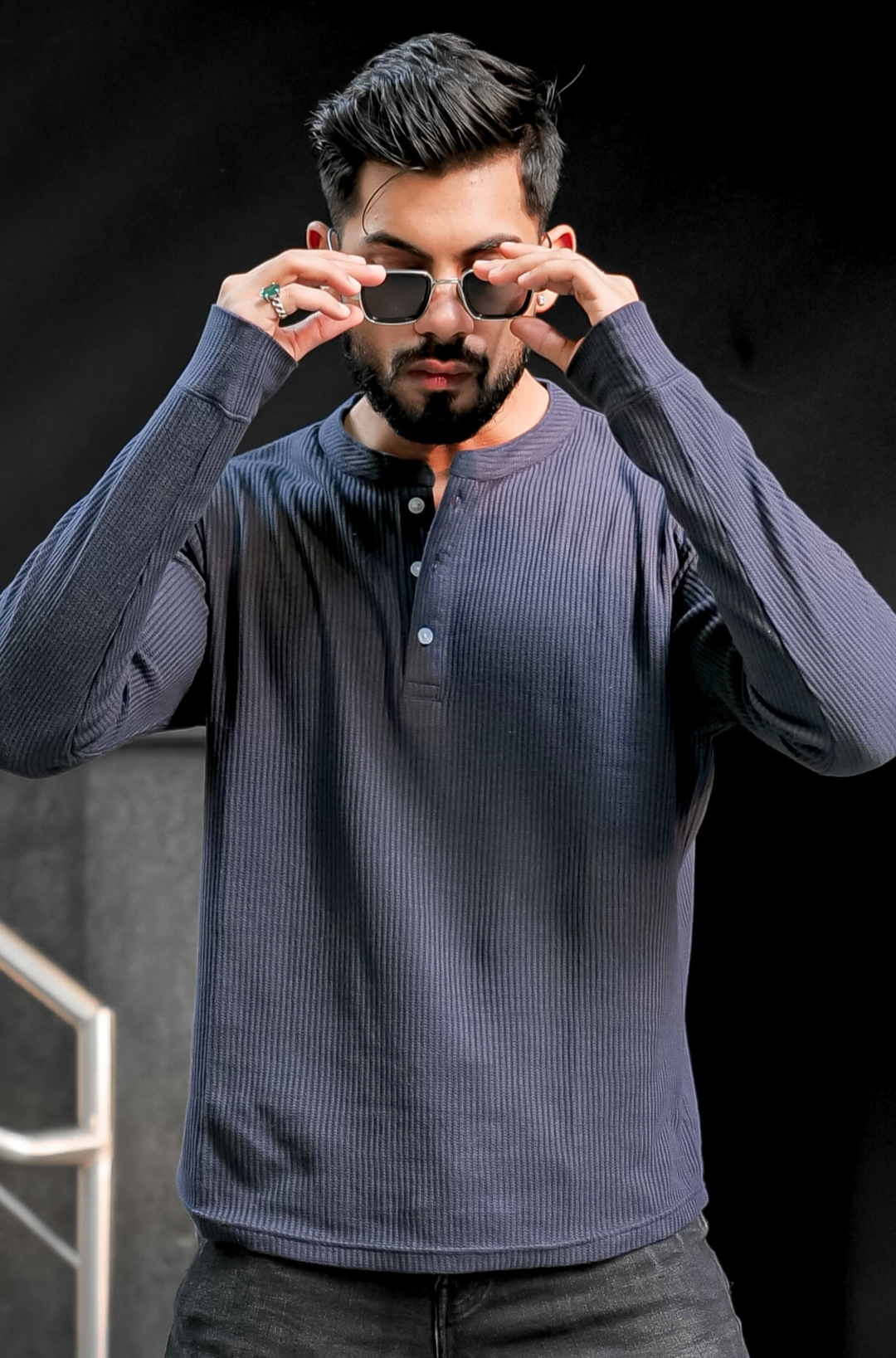 Dark Blue Waffle Henley Neck T-Shirt