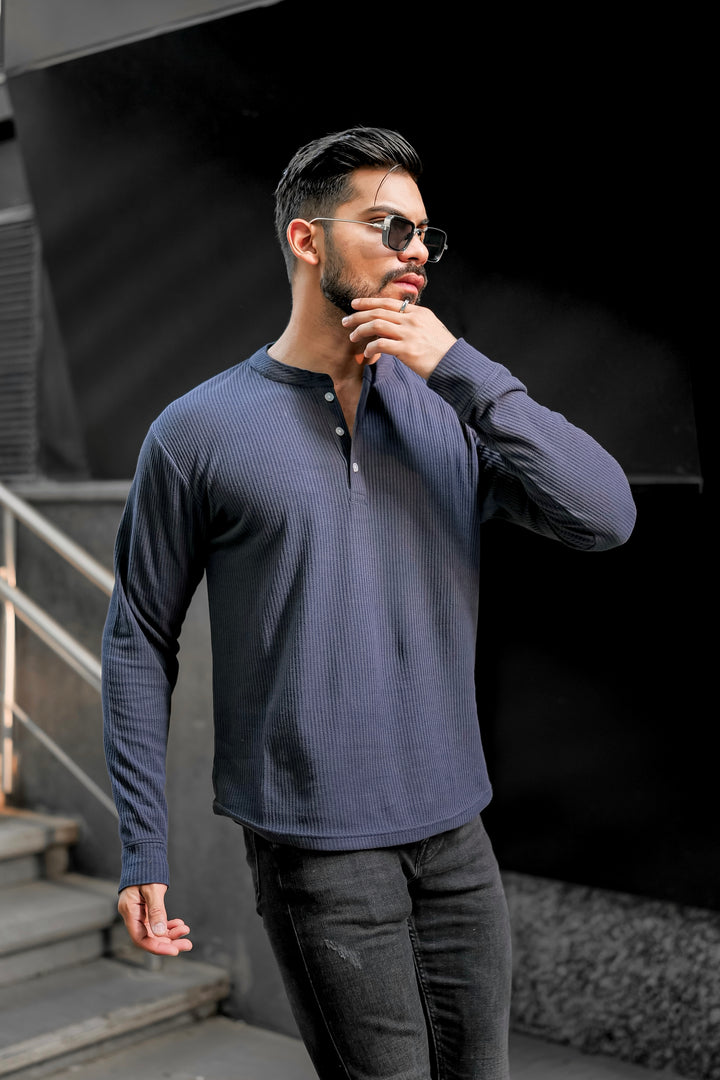 Dark Blue Waffle Henley Neck T-Shirt