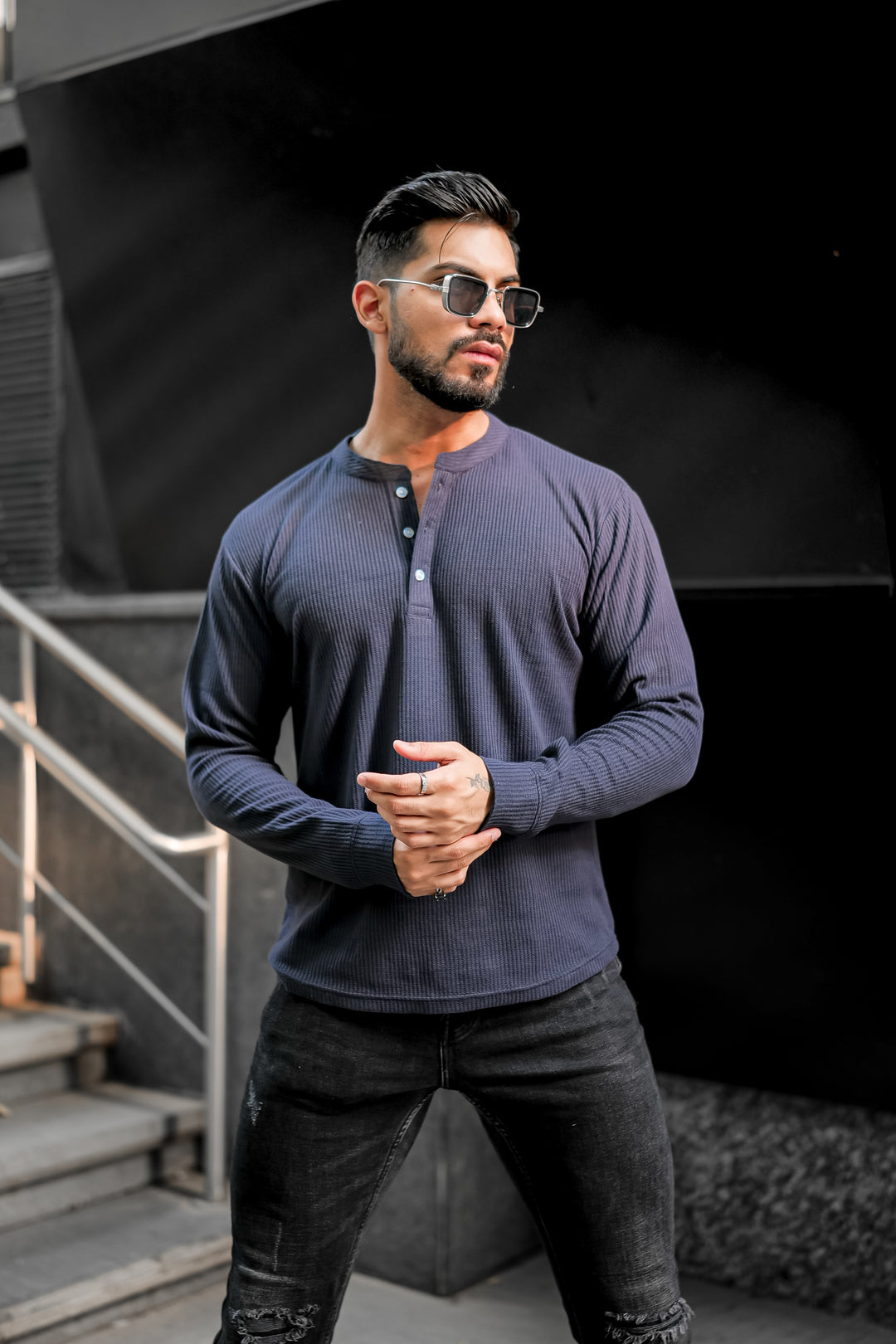 Dark Blue Waffle Henley Neck T-Shirt