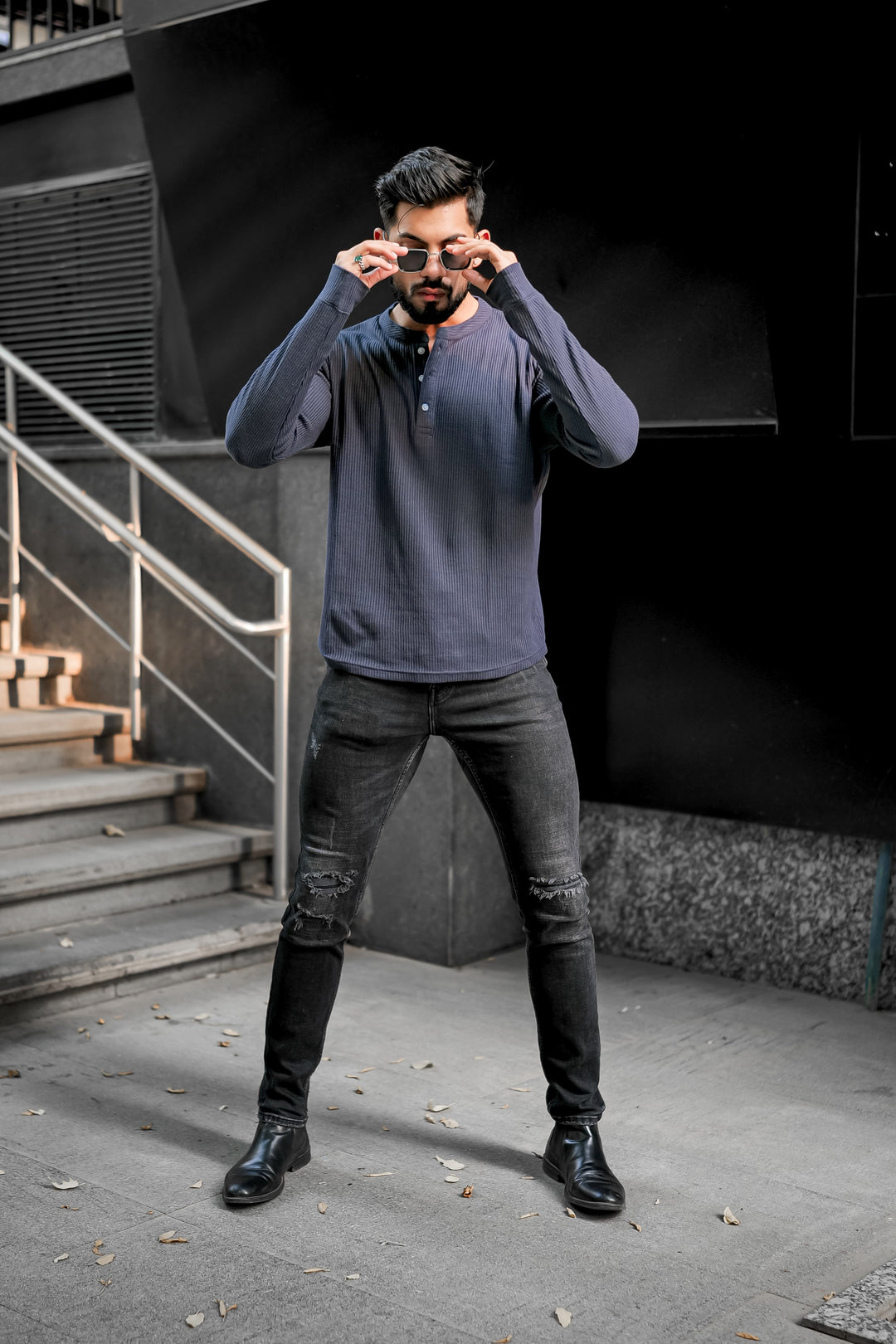 Dark Blue Waffle Henley Neck T-Shirt