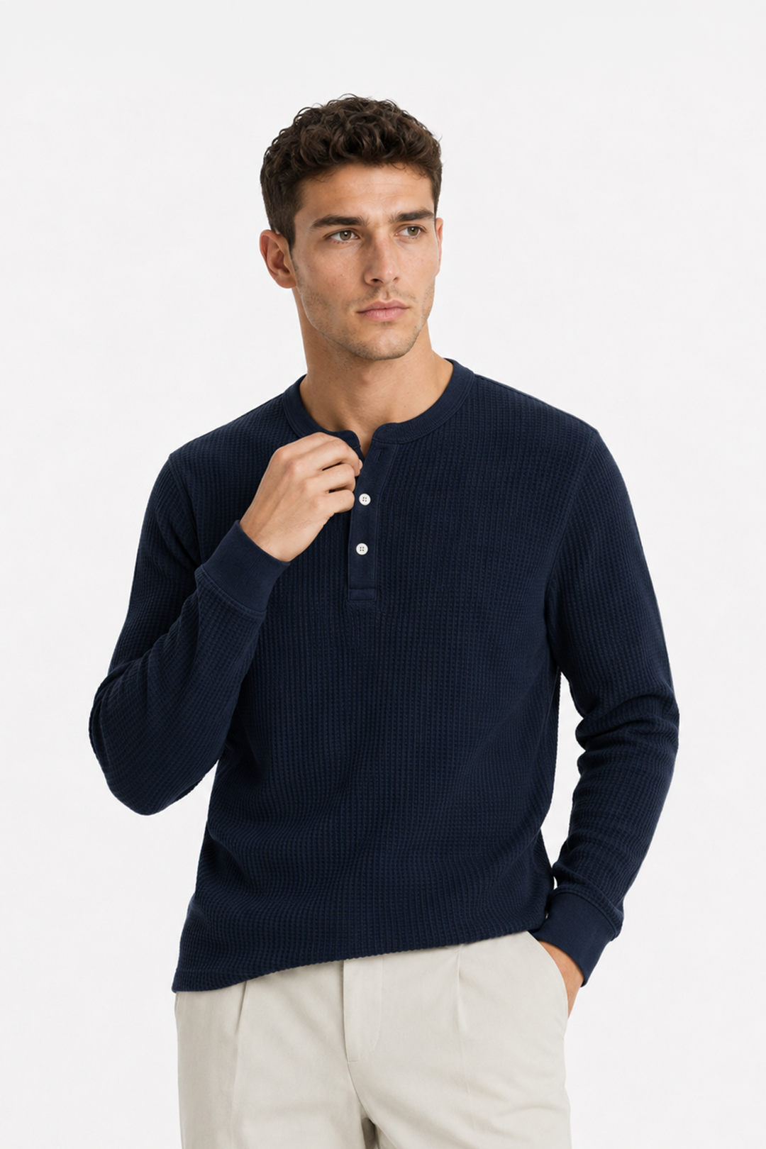 Navy Waffle Knit Full Sleeve Henley T-Shirt | Textured Casual Tshirt