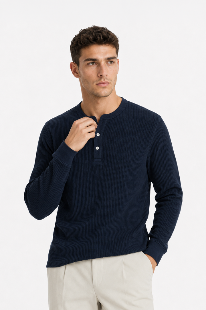 Navy Waffle Knit Full Sleeve Henley T-Shirt | Textured Casual Tshirt
