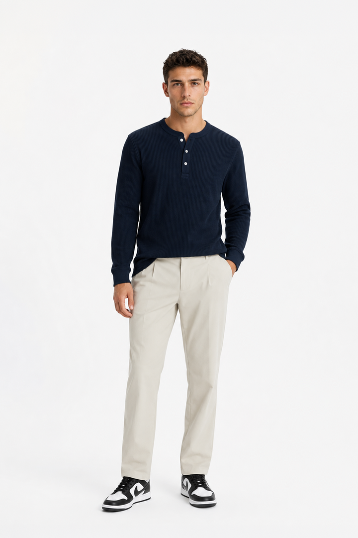 Navy Waffle Knit Full Sleeve Henley T-Shirt | Textured Casual Tshirt