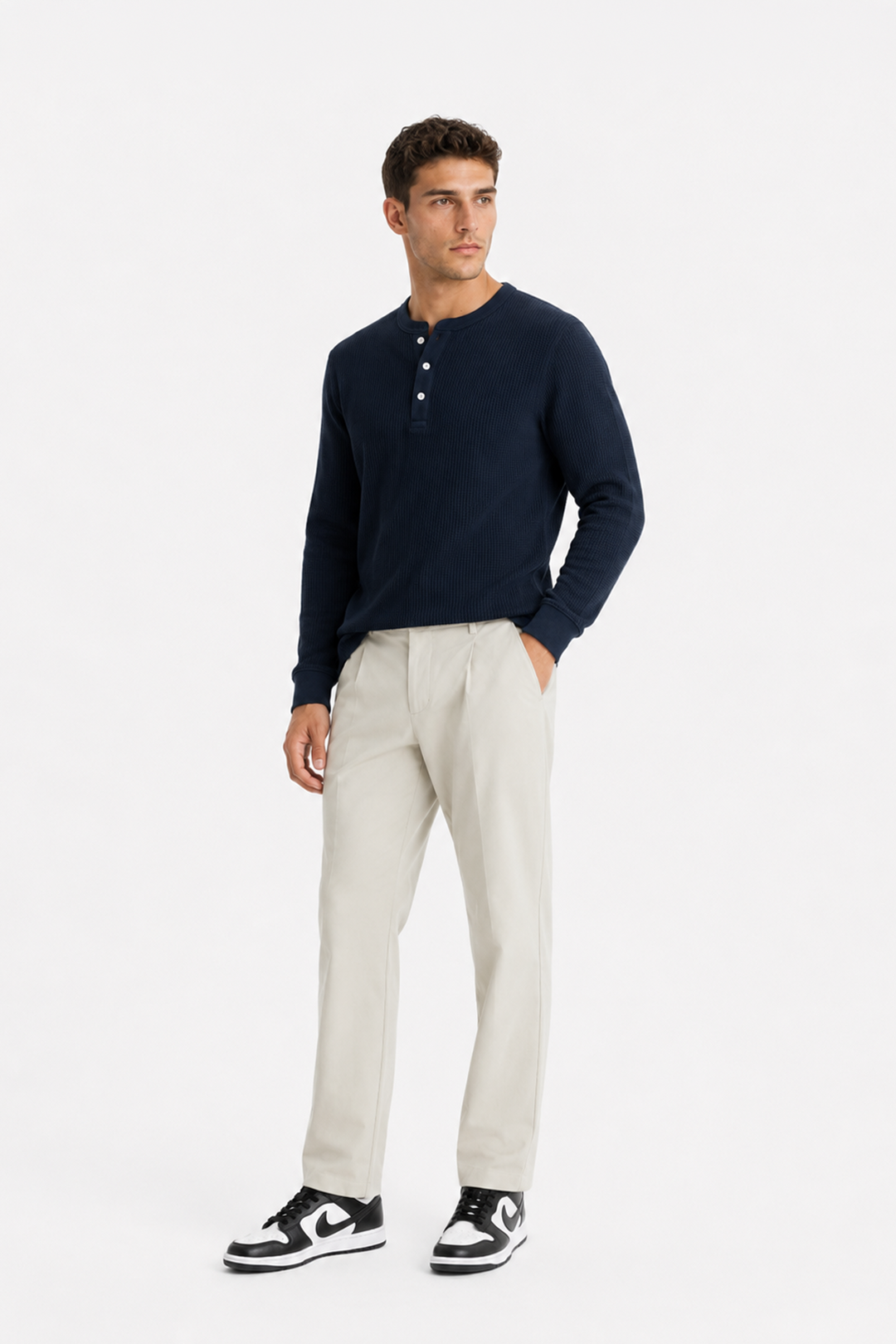 Navy Waffle Knit Full Sleeve Henley T-Shirt | Textured Casual Tshirt