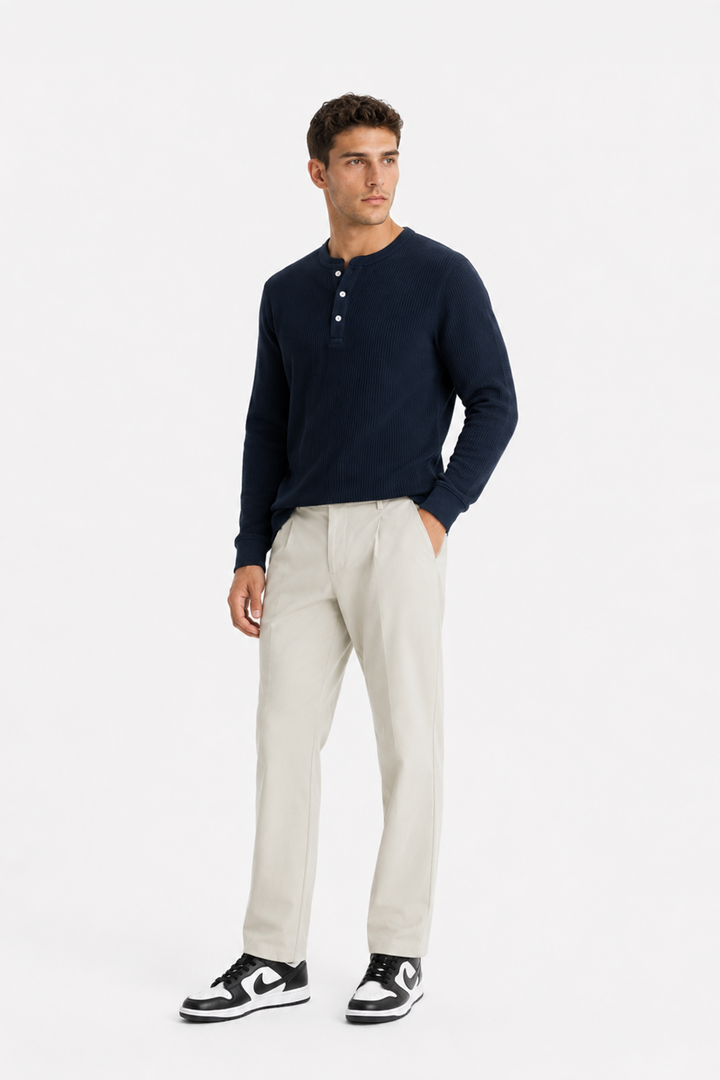 Navy Waffle Knit Full Sleeve Henley T-Shirt | Textured Casual Tshirt