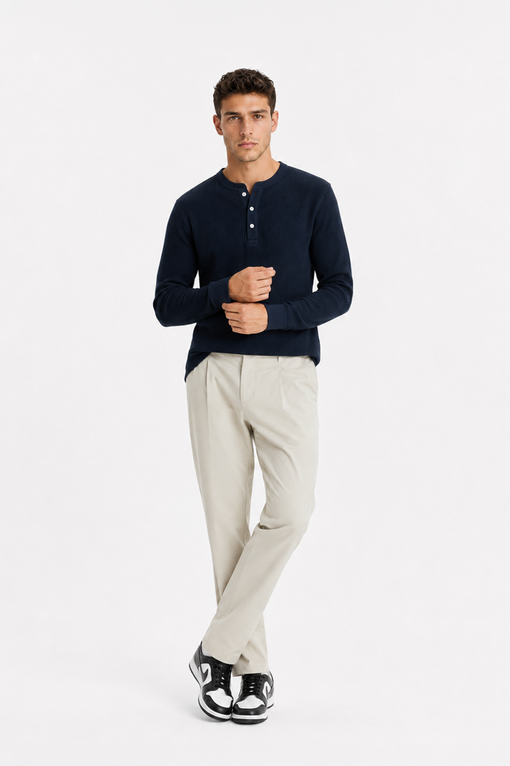 Navy Waffle Knit Full Sleeve Henley T-Shirt | Textured Casual Tshirt