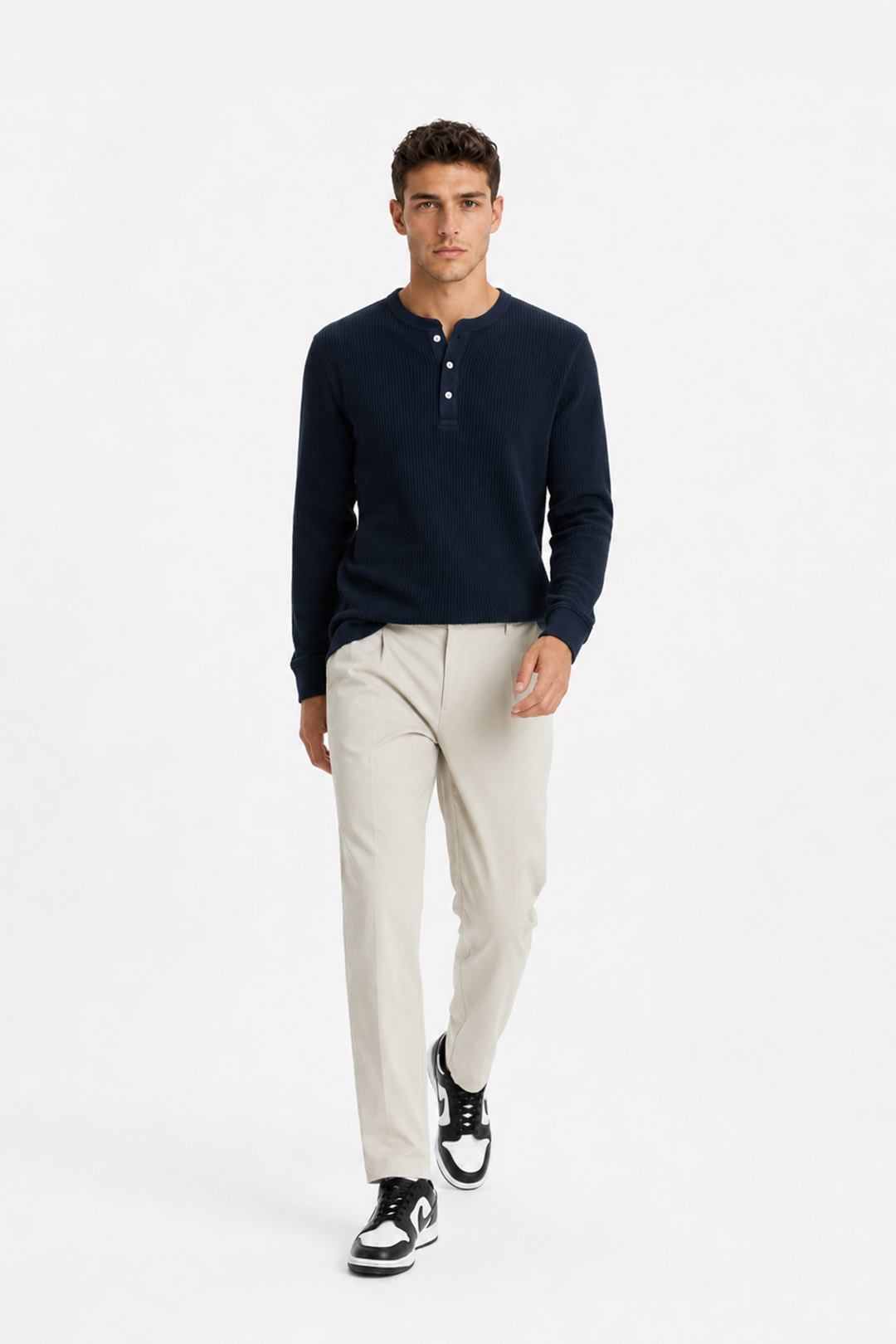 Navy Waffle Knit Full Sleeve Henley T-Shirt | Textured Casual Tshirt