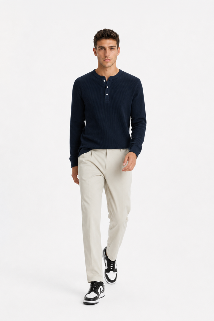 Navy Waffle Knit Full Sleeve Henley T-Shirt | Textured Casual Tshirt