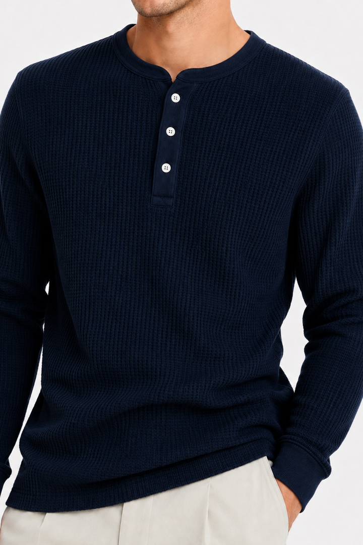 Navy Waffle Knit Full Sleeve Henley T-Shirt | Textured Casual Tshirt
