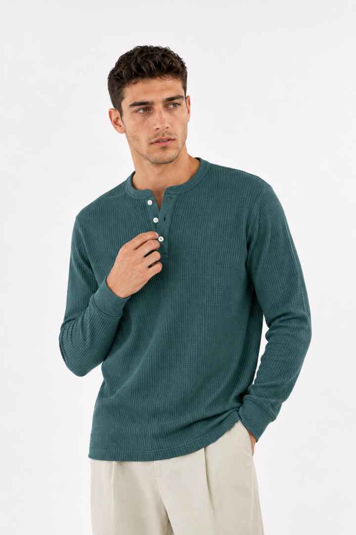 Green Waffle Knit Full Sleeve Henley T-Shirt | Textured Casual Tshirt
