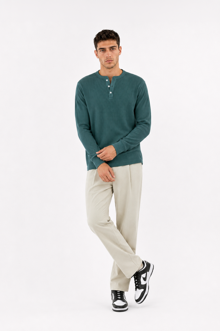 Green Waffle Knit Full Sleeve Henley T-Shirt | Textured Casual Tshirt