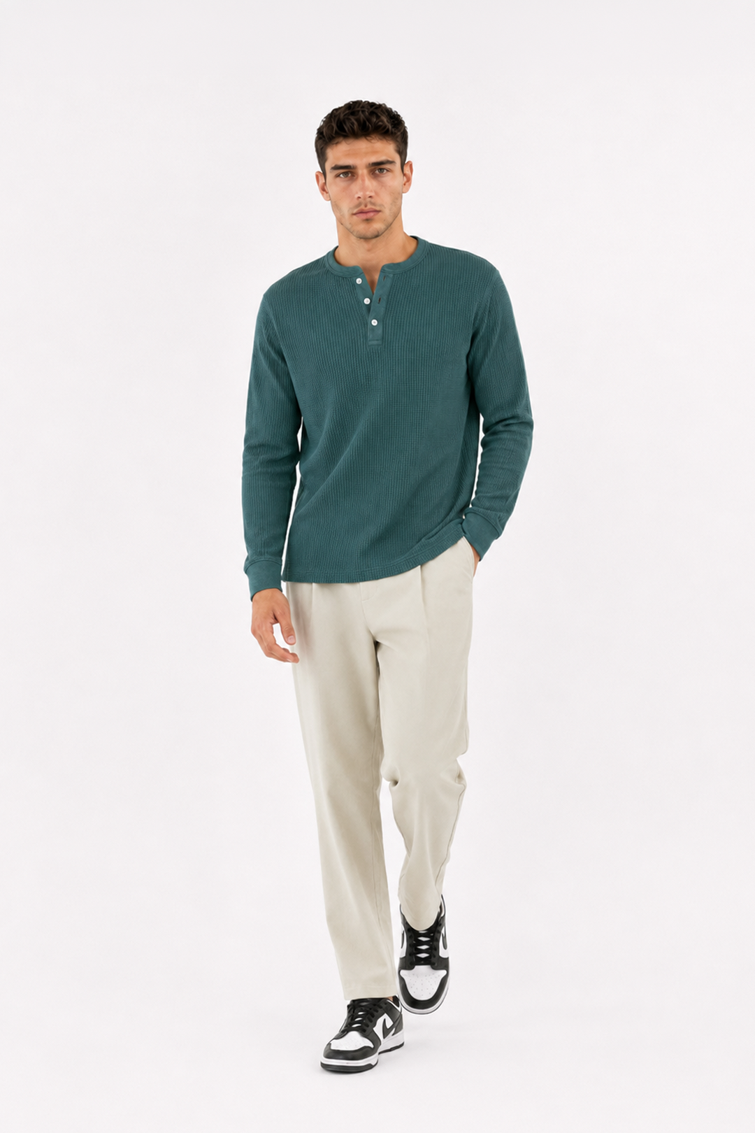Green Waffle Knit Full Sleeve Henley T-Shirt | Textured Casual Tshirt