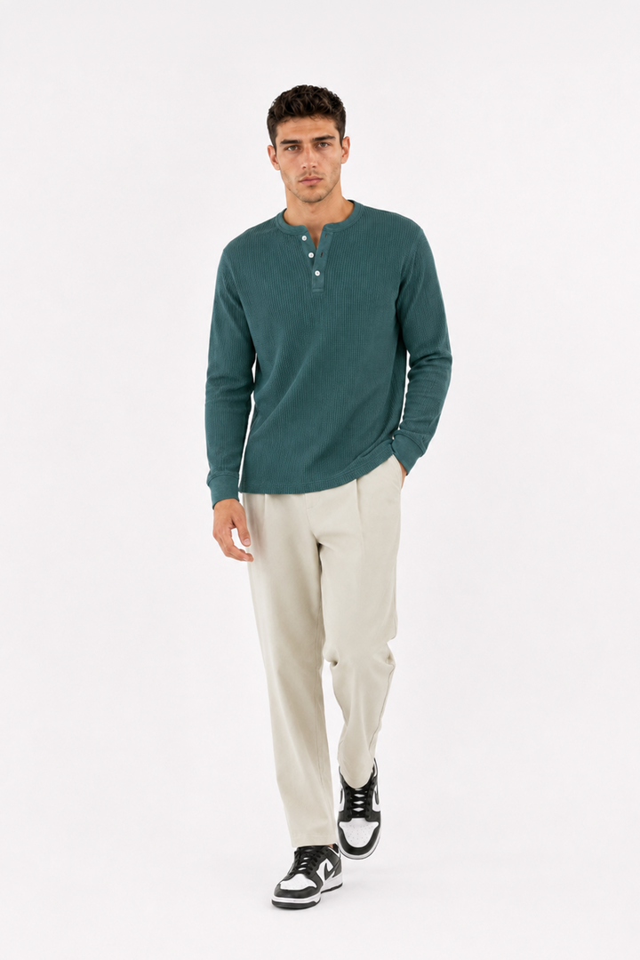 Green Waffle Knit Full Sleeve Henley T-Shirt | Textured Casual Tshirt