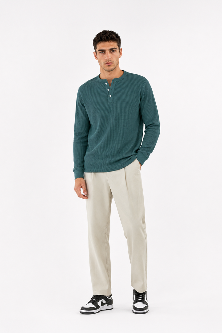 Green Waffle Knit Full Sleeve Henley T-Shirt | Textured Casual Tshirt