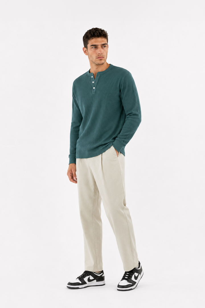 Green Waffle Knit Full Sleeve Henley T-Shirt | Textured Casual Tshirt