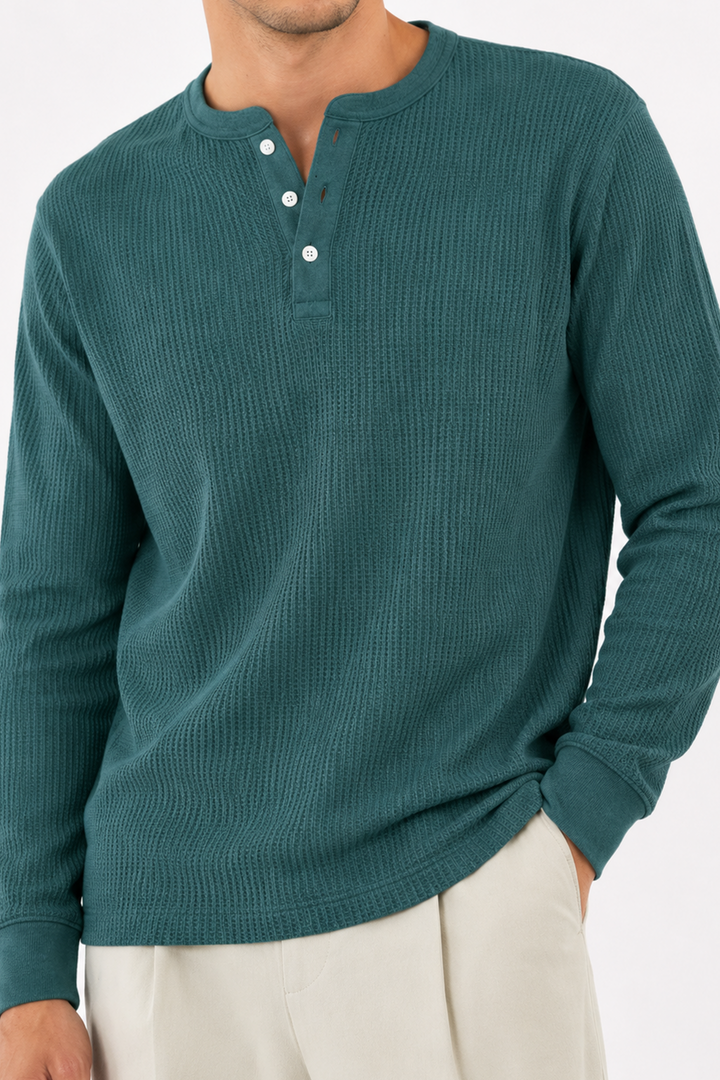 Green Waffle Knit Full Sleeve Henley T-Shirt | Textured Casual Tshirt