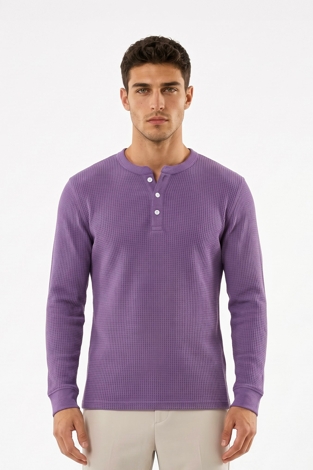 Purple Waffle Knit Full Sleeve Henley T-Shirt | Textured Casual Tshirt