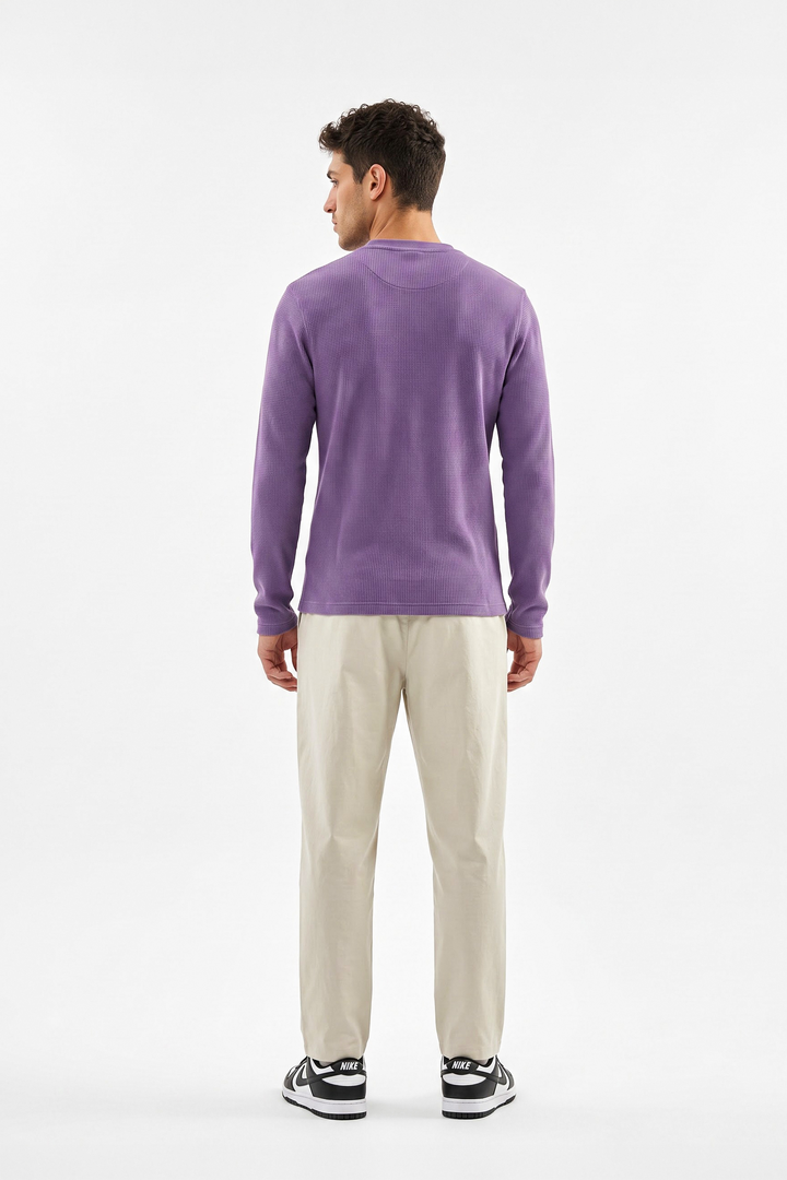Purple Waffle Knit Full Sleeve Henley T-Shirt | Textured Casual Tshirt