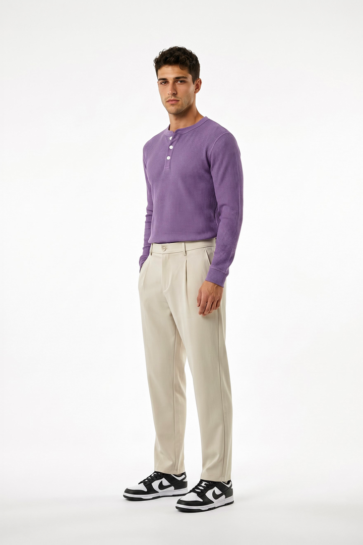 Purple Waffle Knit Full Sleeve Henley T-Shirt | Textured Casual Tshirt