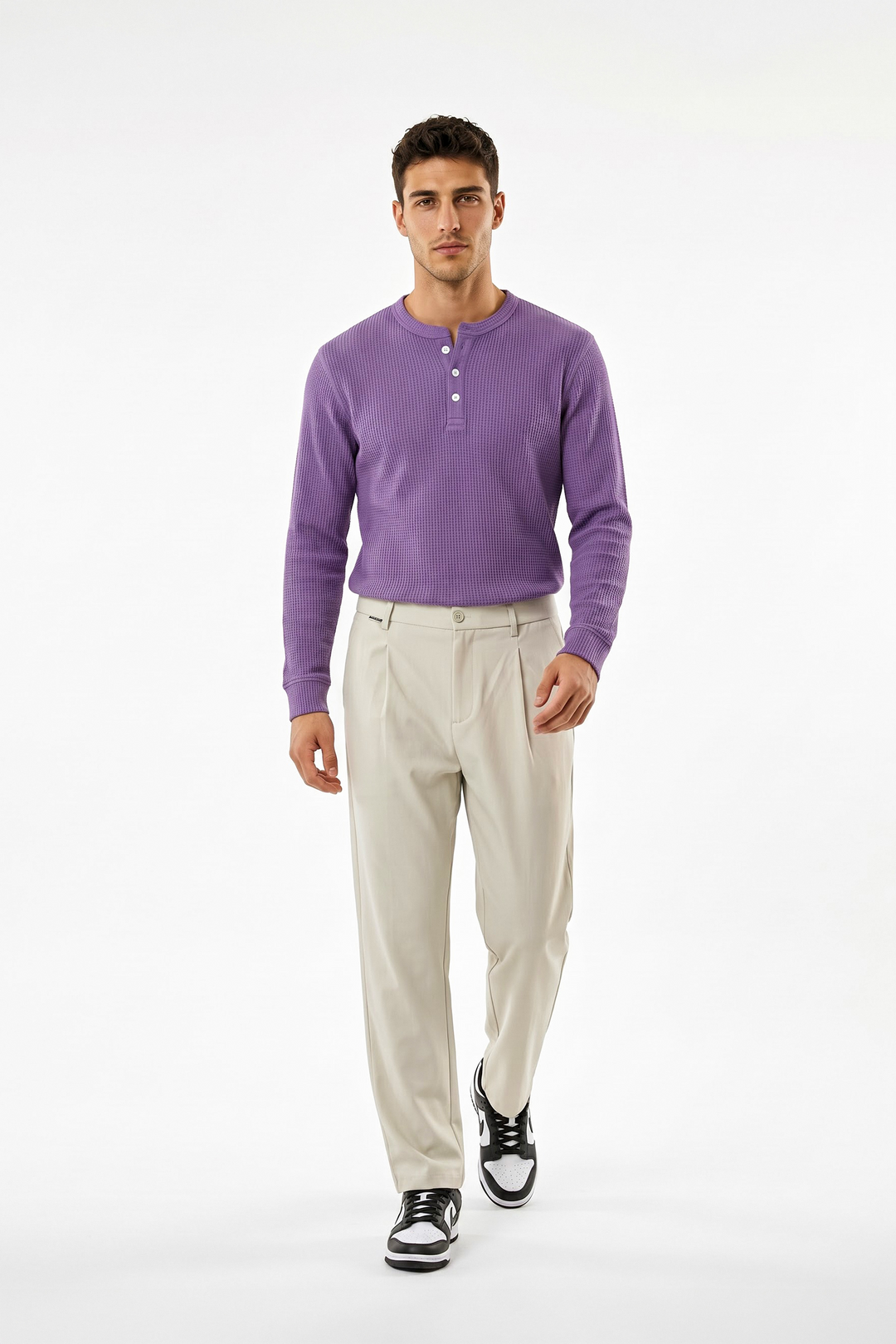 Purple Waffle Knit Full Sleeve Henley T-Shirt | Textured Casual Tshirt
