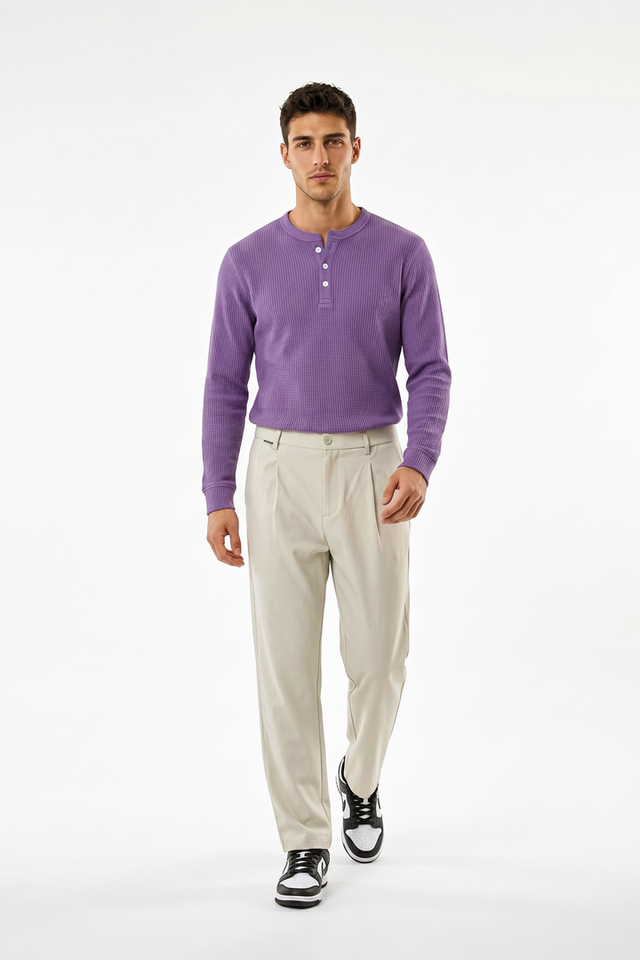 Purple Waffle Knit Full Sleeve Henley T-Shirt | Textured Casual Tshirt