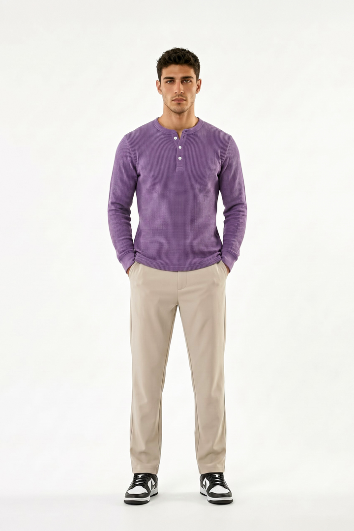 Purple Waffle Knit Full Sleeve Henley T-Shirt | Textured Casual Tshirt