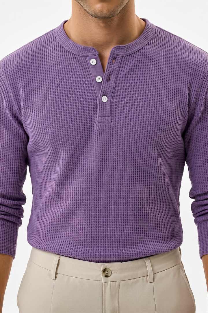 Purple Waffle Knit Full Sleeve Henley T-Shirt | Textured Casual Tshirt