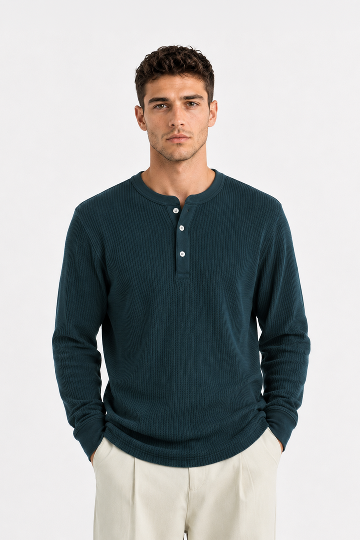 Teal Blue Waffle Knit Full Sleeve Henley T-Shirt | Textured Casual Tshirt