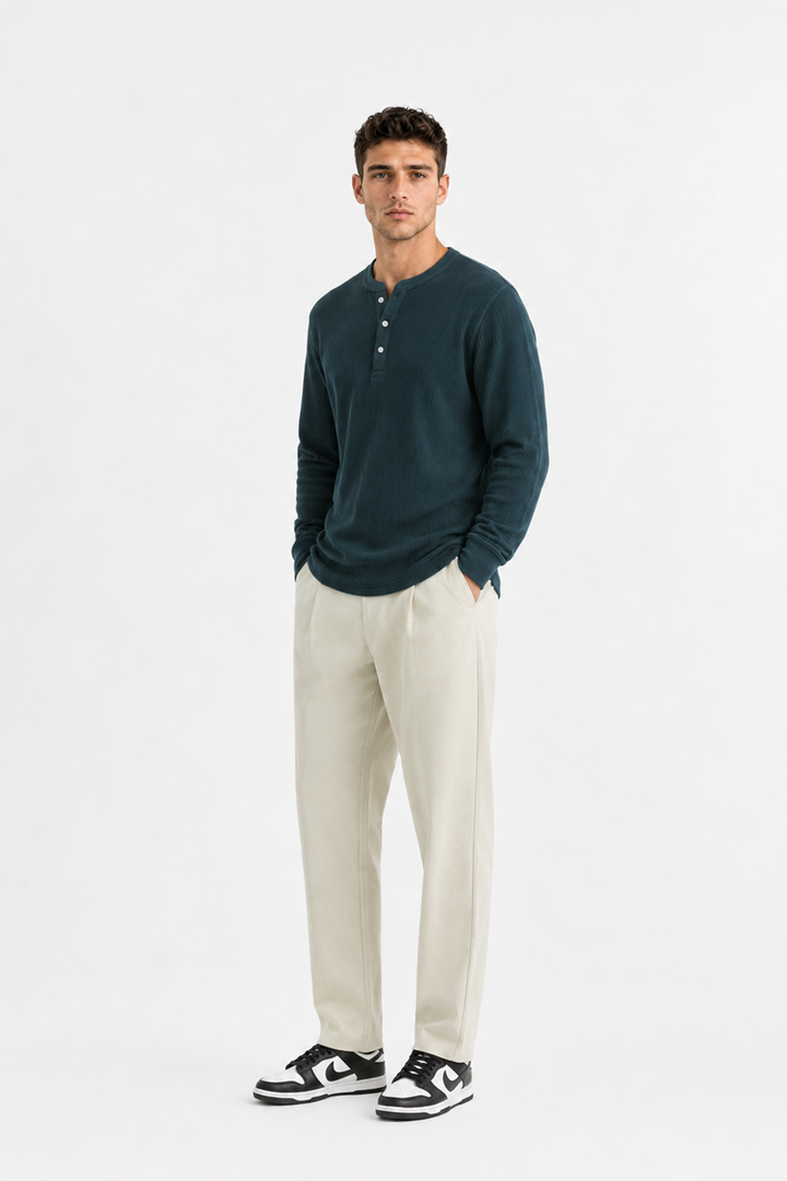 Teal Blue Waffle Knit Full Sleeve Henley T-Shirt | Textured Casual Tshirt