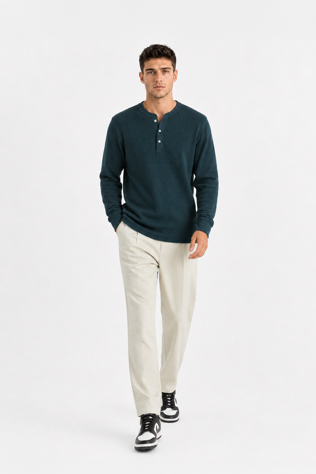 Teal Blue Waffle Knit Full Sleeve Henley T-Shirt | Textured Casual Tshirt