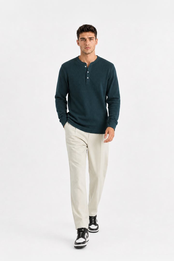 Teal Blue Waffle Knit Full Sleeve Henley T-Shirt | Textured Casual Tshirt