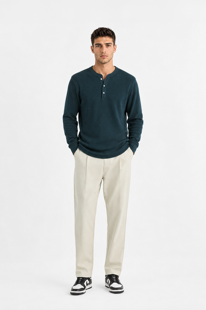 Teal Blue Waffle Knit Full Sleeve Henley T-Shirt | Textured Casual Tshirt