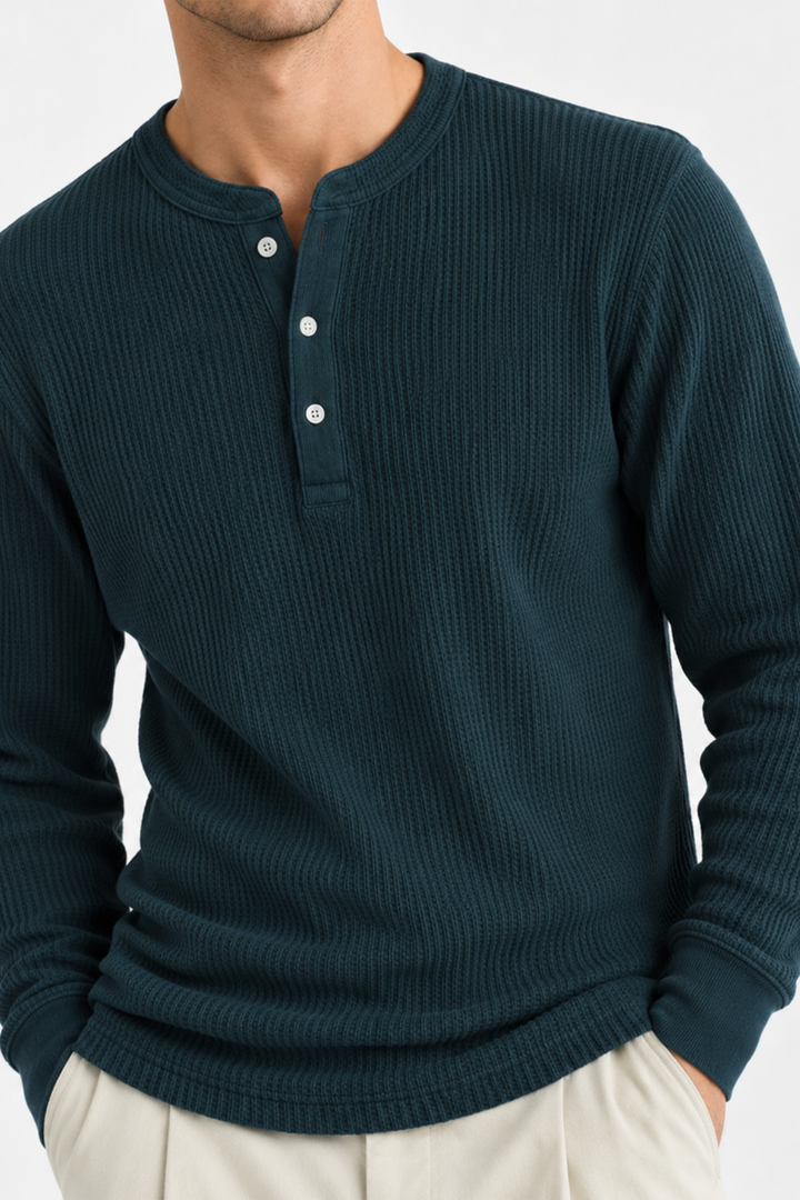 Teal Blue Waffle Knit Full Sleeve Henley T-Shirt | Textured Casual Tshirt