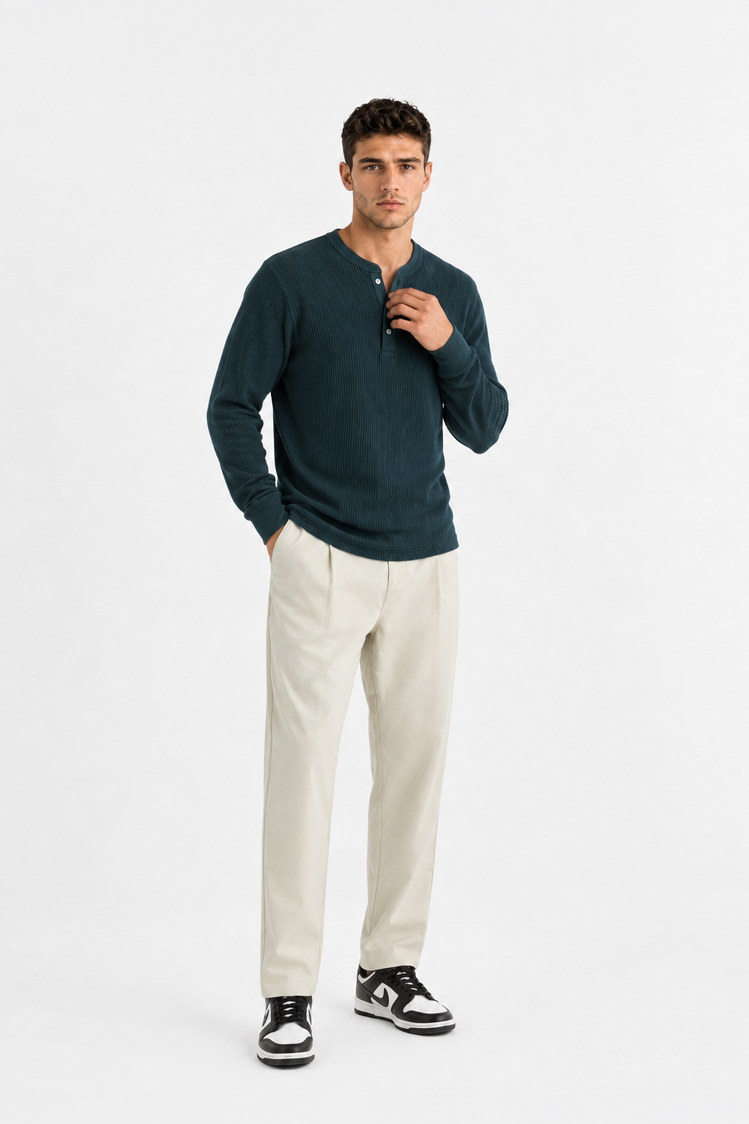 Teal Blue Waffle Knit Full Sleeve Henley T-Shirt | Textured Casual Tshirt