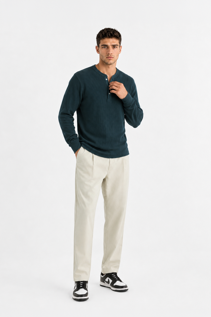 Teal Blue Waffle Knit Full Sleeve Henley T-Shirt | Textured Casual Tshirt